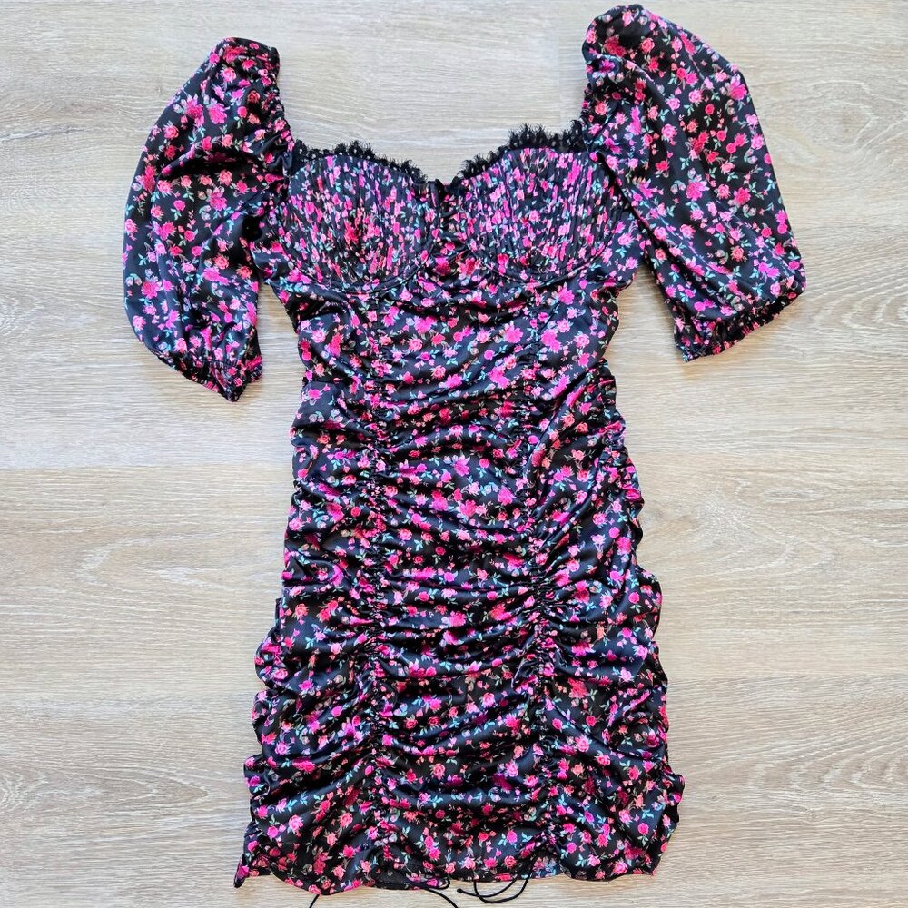 For Love & Lemons Melrose Puff Sleeve Satin Floral Bustier Mini Dress Sexy Small